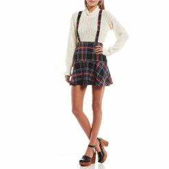 Outlet 🎁 Copper Key Square Neck Criss Cross Strap Plaid Print Jumper Black Red 🛒