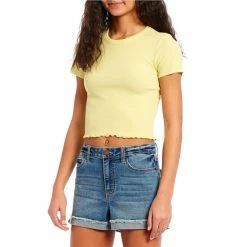 Budget ✔️ Copper Key Lettuce Edge Ribbed Knit Short Sleeve Cropped Top Yellow 🤩
