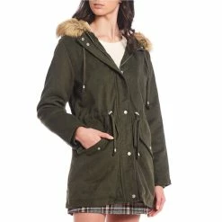 Wholesale ⌛ Copper Key Faux Fur Hooded Long Sleeve Classic Wool 🧥 Coat Olive 🔔