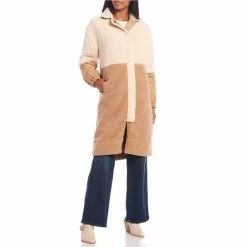 Outlet ✨ Copper Key Sherpa And Quilted Button Front Color-Block Long 🧥 Coat Camel Sand 🤩
