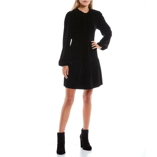 Cheap 😀 Copper Key Crew Neck Long Sleeve Velvet Babydoll 👗 Dress Black 😉 - Image 3