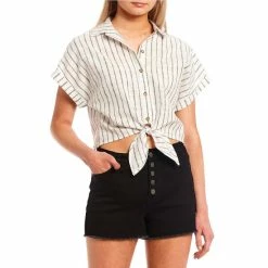 Cheapest ⭐ Copper Key Cuffed Short Sleeve Button Front Tie Hem Striped Camp 👕 Shirt Snow Black 🎁