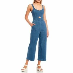 Best Sale 🌟 Copper Key Scoop Neck Keyhole Fitted Denim Crop Jumpsuit Medium Wash 🌟