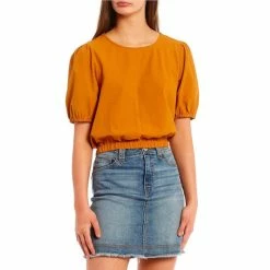 New ✔️ Copper Key Short Puff Sleeve Woven Texture Top Gold 🥰