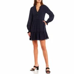 Best Pirce 🌟 Copper Key Plaid Long Sleeve Ruffle Hem Babydoll 👗 Dress Navy 😉