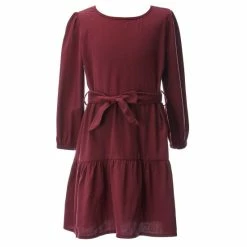 Promo ❤️ Copper Key Big 👧 Girls 7-16 Long Sleeve Belted 👗 Dress Burgundy 👏