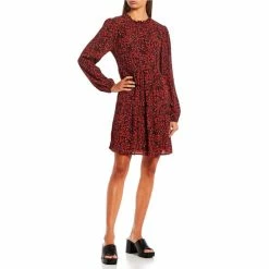 Best deal 🥰 Copper Key Long Sleeve Babydoll 👗 Dress Red Multi 🌟