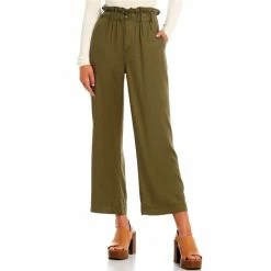 Cheapest 🛒 Copper Key Paperbag Waist Wide Leg Cropped Twill Pants Olive ⌛