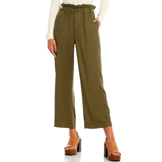 Cheapest ๐ Copper Key Paperbag Waist Wide Leg Cropped Twill Pants Olive โ
