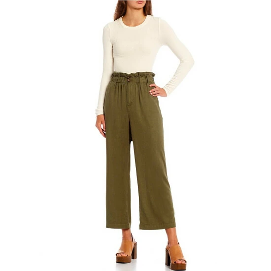 Cheapest ๐ Copper Key Paperbag Waist Wide Leg Cropped Twill Pants Olive โ - Image 3