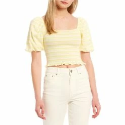 Hot Sale 🛒 Copper Key Puff Sleeve Smocked Stripe Crop Top Blue 🔔