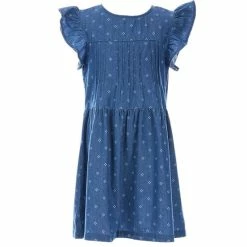 Brand new 🧨 Copper Key Big 👧 Girls 7-16 Flutter Sleeve Printed Denim Pintuck 👗 Dress Indigo 😀