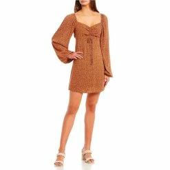 Flash Sale 🥰 Copper Key Blouson Sleeve Printed Cinched Front Peasant 👗 Dress Rust Snow 🎉