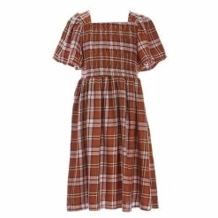 New ✨ Copper Key Big 👧 Girls 7-16 Plaid Flutter Sleeve 👗 Dress Rust Multi 🥰