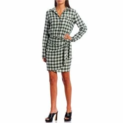 Hot Sale 🧨 Copper Key Side Tie Collared Plaid 👕 Shirt 👗 Dress Green Snow ⭐