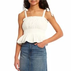 Top 10 ✨ Copper Key Eyelet Smocked Waist Tie Strap Peplum Tank Top White 🔥