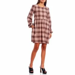 Promo 🌟 Copper Key Plaid Print Scoop Neck Swing 👗 Dress Pink Multi 🔔