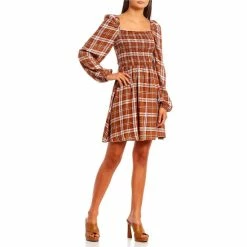 Top 10 👍 Copper Key Smocked Square Neck 👗 Dress Rust Multi 🥰