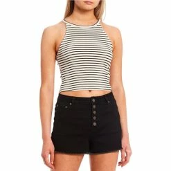 Cheapest 🥰 Copper Key Ribbed Stripe Knit High Neck Tank Top Snow Black ✨