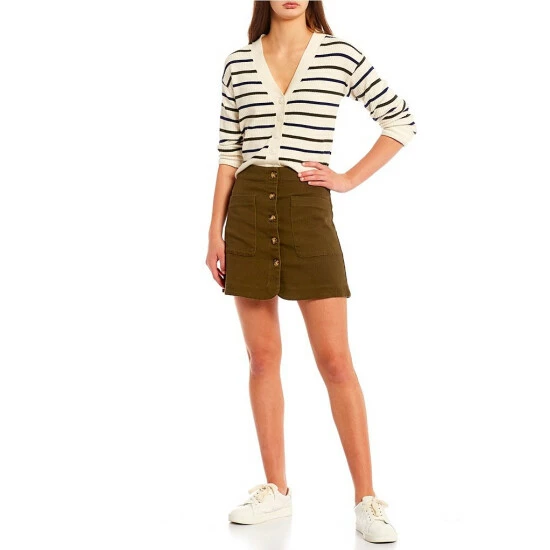 Buy 🎁 Copper Key High Rise Button Front Twill Mini 👗 Skirt Olive 🤩 - Image 3