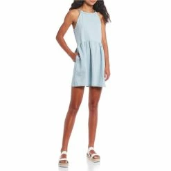 Buy 🎉 Copper Key Round Neck Tie Back Brushed Chambray Swing 👗 Dress Light Wash 🤩