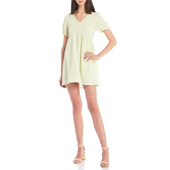 Best Pirce ๐งจ Copper Key Family Matching Puff Sleeve Ruffle Trim Gauze Babydoll ๐ Dress Light Lime โ๏ธ