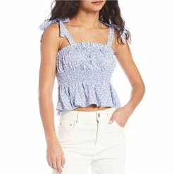 New 🎉 Copper Key Tie Strap Smocked Empire Tank Blouse Blue White 🎁