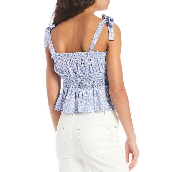 New ๐ Copper Key Tie Strap Smocked Empire Tank Blouse Blue White ๐ - Image 2