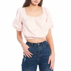 Cheap ⌛ Copper Key Puff Sleeve Elasticated Hem Crop Peasant Top Pink 🔥