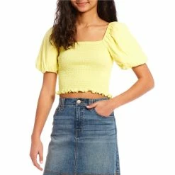 Cheap 💯 Copper Key Puff Sleeve Square Neck Lettuce Hem Smocked Crop Top Yellow 😍