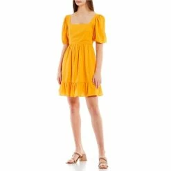 Wholesale 🔥 Copper Key Bow Back Short Puff Sleeve Babydoll 👗 Dress Marigold 😉