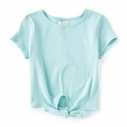 Flash Sale 😉 Copper Key Big 👧 Girls 7-16 Short Sleeve Tie Front Ribbed Tee Blue Tint ⭐