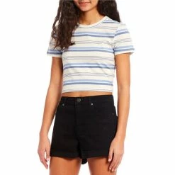 Cheapest 🔔 Copper Key Striped Short Sleeve Crop Tee Blue ⌛