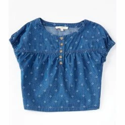 New 🔥 Copper Key Little 👧 Girls 2T-6X Short Sleeve Printed Denim Top Indigo 🥰