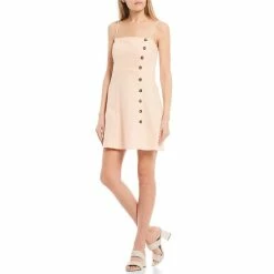 Budget 🔥 Copper Key Button Front Spaghetti Strap 👗 Dress Open White 👏