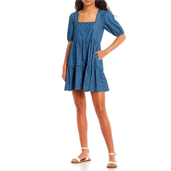 New ⌛ Copper Key Printed Chambray Square Neck 👗 Dress Blue Multi 👍