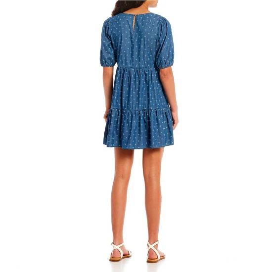New ⌛ Copper Key Printed Chambray Square Neck 👗 Dress Blue Multi 👍 - Image 2