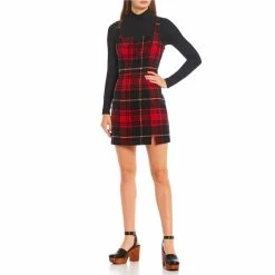 Cheap 🧨 Copper Key Square Neck Plaid Print Split Hem 👗 Dress Red Black 🥰