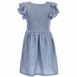 Hot Sale 💯 Copper Key Big 👧 Girls 7-16 Smocked Flutter Sleeve Striped 👗 Dress Blue 💯
