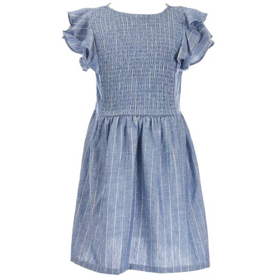 Hot Sale ๐ฏ Copper Key Big ๐ง Girls 7-16 Smocked Flutter Sleeve Striped ๐ Dress Blue ๐ฏ