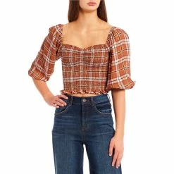Best Pirce ✔️ Copper Key Plaid Printed Puff Sleeve Smocked Top Rust Multi 🔔