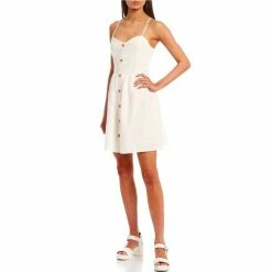 Flash Sale ⌛ Copper Key Spaghetti Strap Button Front Woven Mini 👗 Dress Yellow 👍