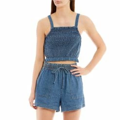 Coupon ⭐ Copper Key Coordinating Smocked Chambray Denim Tank Top Medium Wash 🛒