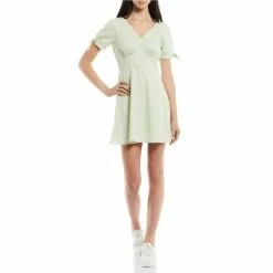 Cheapest 😀 Copper Key V-Neck Gingham Tie Short Sleeve 👗 Dress Lime-white ⭐