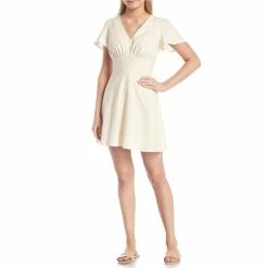 Promo 🔥 Copper Key Geometric Print V-Neck Flutter Sleeve 👗 Dress Sand ⭐