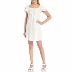 Best deal 🔥 Copper Key Embroidered Flutter Sleeve Tie Waist Gauze Shift 👗 Dress Ivory 🤩