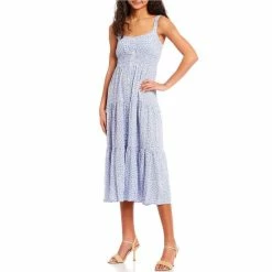 Buy 😀 Copper Key Button Front Tiered Empire Midi 👗 Dress Blue White 🛒