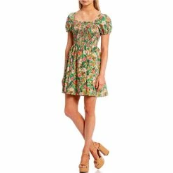 Budget 👏 Copper Key Textured Puff Sleeve Smocked Floral 👗 Dress Multi 🛒