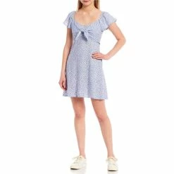 Budget ✔️ Copper Key Flutter Sleeve Tie Front Ditsy Floral Printed 👗 Dress Blue White 🤩