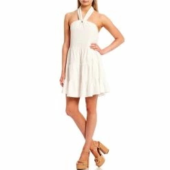 Coupon 🛒 Copper Key Solid Y-Halter Neck Tiered 👗 Dress White 🔔